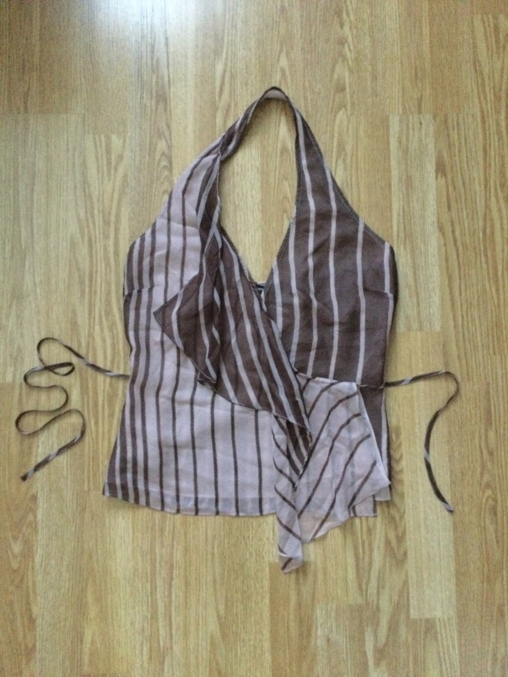 BCBGMaxAzria 100% Silk Halter Neck  Wrap  Top S Brown Pink Stripes  Back Ties